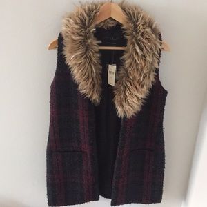 Heavy, lined, tweed maroon/black/navy, fur vest.